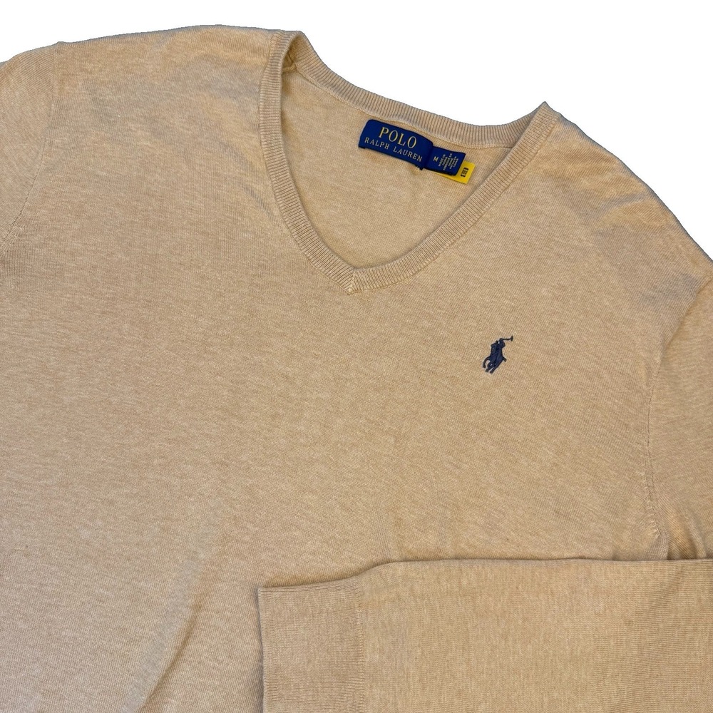 Ralph Lauren Polo Pima Cotton V-Neck Sweater Tan w/Navy Pony Men's Size M